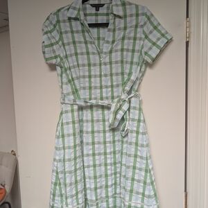 Brooks Brothers Green and White Gingham Button Down Belted Dress